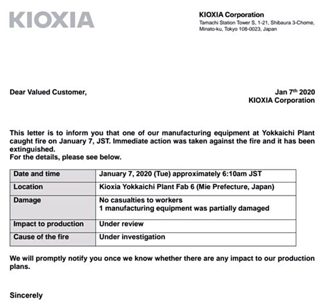 Kioxia letter to customers