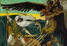 Imply shapeshifters change Druid’s appearance Louhi, Mistress of the North, attacking Väinämöinen in the form of a giant eagle with her troops on her back when she was trying to steal Sampo; in the Finnish epic poetry Kalevala by Elias Lönnrot. (The Defense of the Sampo, Akseli Gallen-Kallela, 1896)