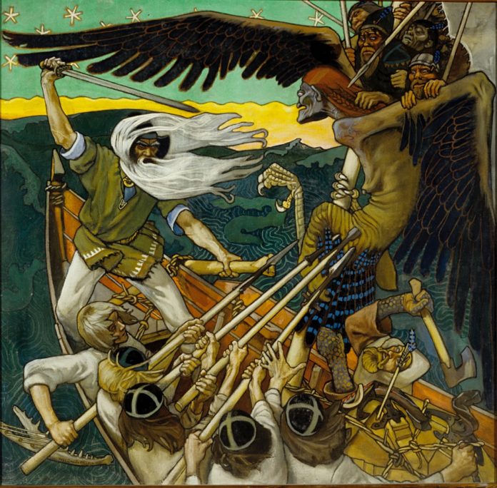 Louhi, Mistress of the North, attacking Väinämöinen in the form of a giant eagle with her troops on her back when she was trying to steal Sampo; in the Finnish epic poetry Kalevala by Elias Lönnrot. (The Defense of the Sampo, Akseli Gallen-Kallela, 1896)