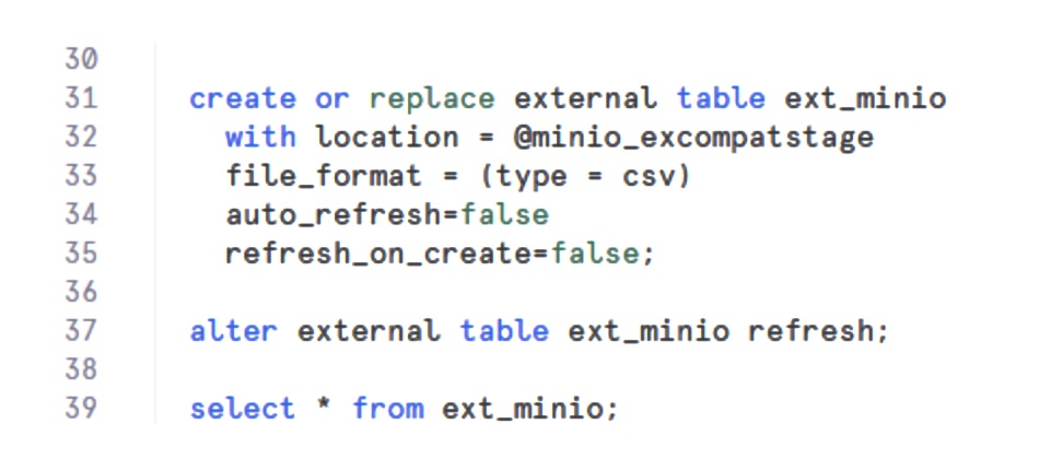 MinIO Snowflake external table code