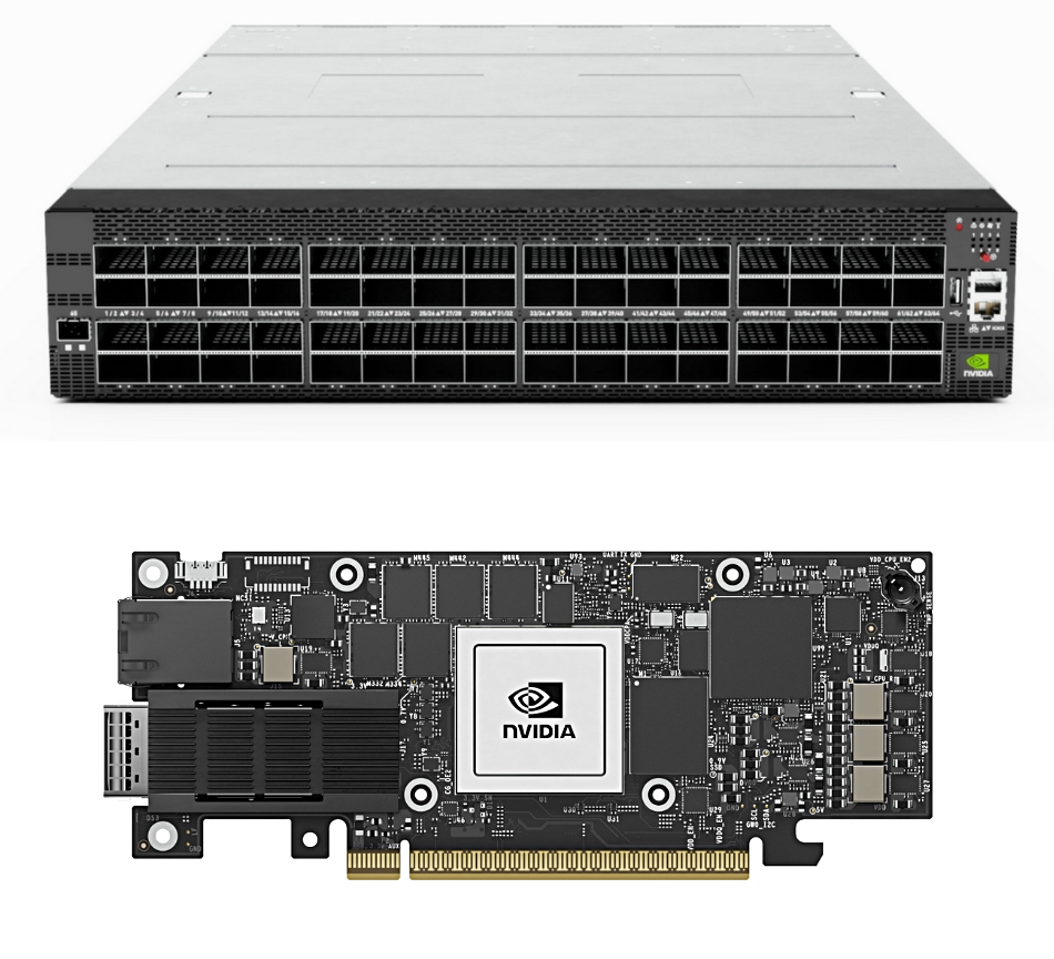 Nvidia Spectrum-4 switch (top) and BlueField-3 SuperNIC (below)